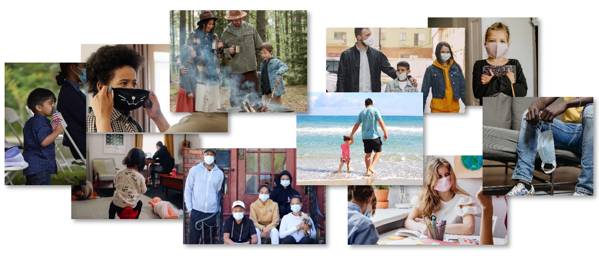 Collage of children and families doing various activities, many wearing masks.