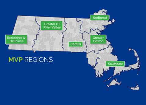 A map labeling the 6 municipal vulnerability preparedness (MVP) regions in Massachusetts